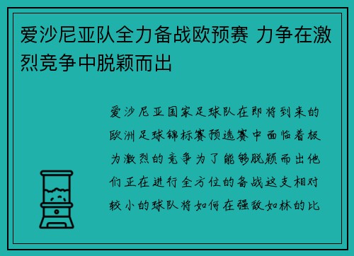 爱沙尼亚队全力备战欧预赛 力争在激烈竞争中脱颖而出