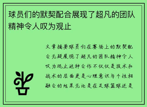 球员们的默契配合展现了超凡的团队精神令人叹为观止