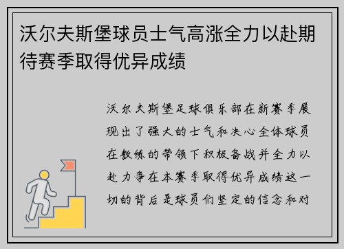 沃尔夫斯堡球员士气高涨全力以赴期待赛季取得优异成绩